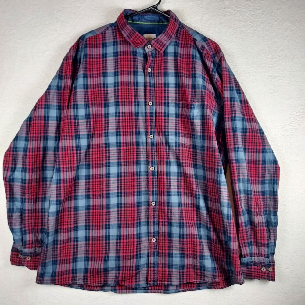 Richlook XXL 44 Plaid Casual Shirt Red Grey Blue Button Front Long Sleeve